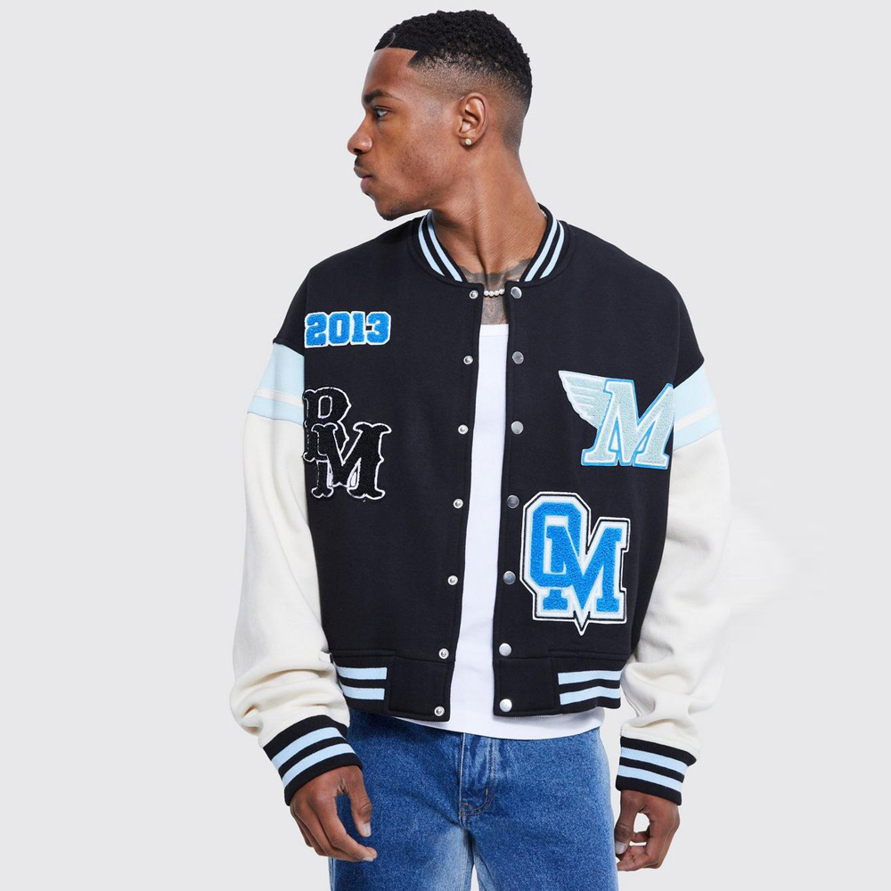 Nylon Embroidered Varsity Jacket in Black