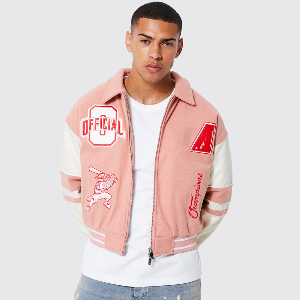 Boxy Applique Tape Detail Jersey Varsity Jacket
