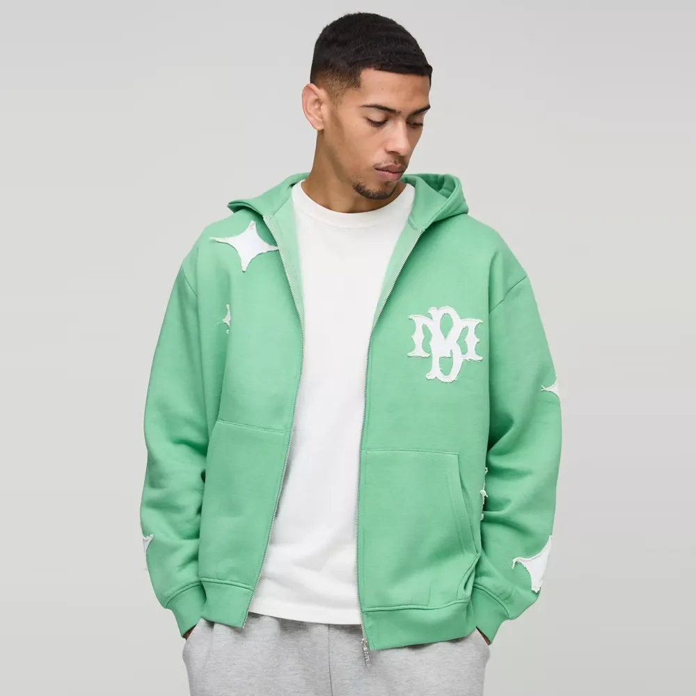 Oversized Boxy Cross Embroidered Zip Through Hoodie