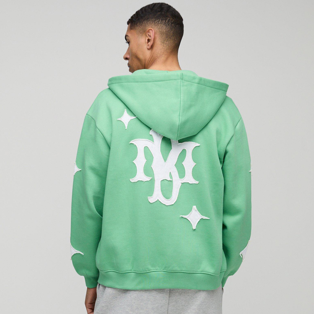 Oversized Boxy Cross Embroidered Zip Through Hoodie